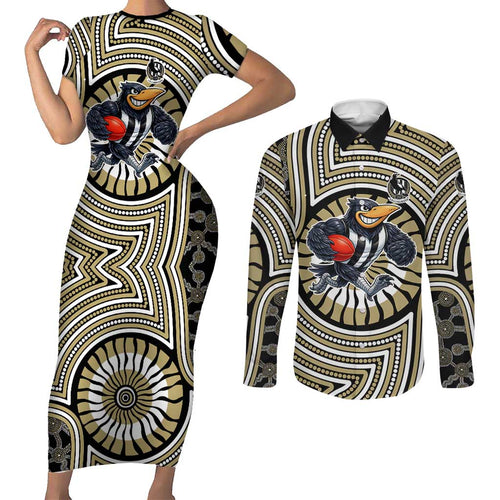 Collingwood Football Club Couples Matching Short Sleeve Bodycon Dress and Long Sleeve Button Shirt Indigenous Monochrome Dot Art Mascot Style