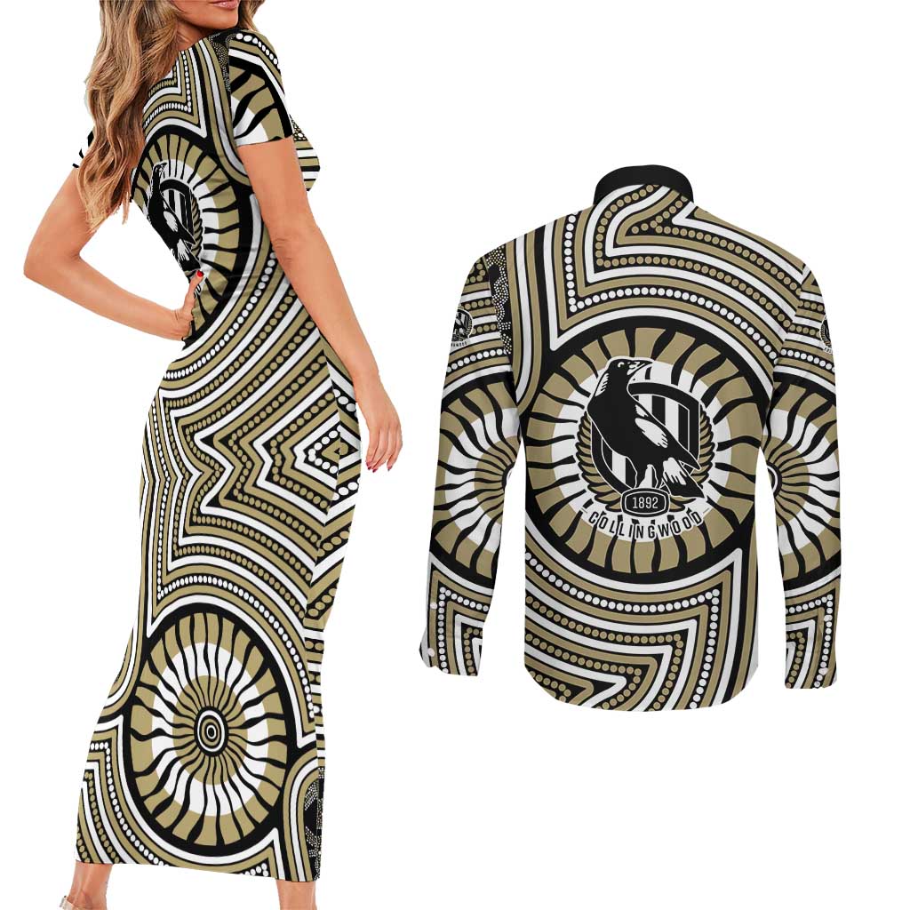 Collingwood Football Club Couples Matching Short Sleeve Bodycon Dress and Long Sleeve Button Shirt Indigenous Monochrome Dot Art Mascot Style
