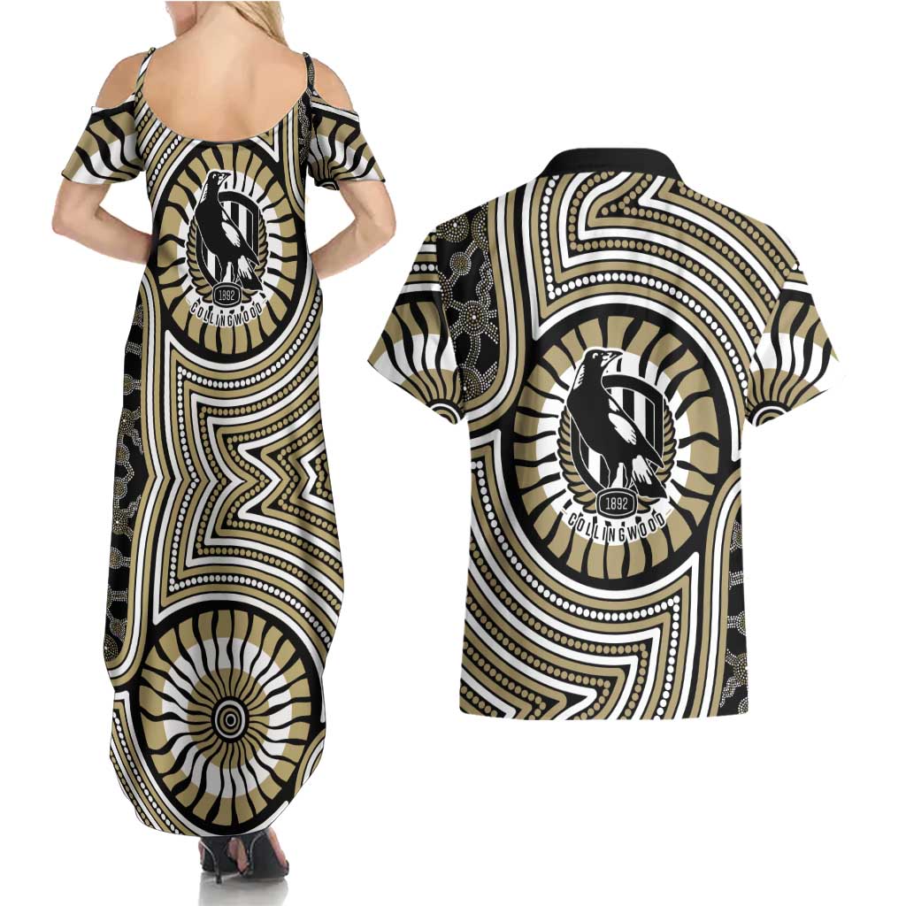 Collingwood Football Club Couples Matching Summer Maxi Dress and Hawaiian Shirt Indigenous Monochrome Dot Art Mascot Style