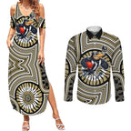 Collingwood Football Club Couples Matching Summer Maxi Dress and Long Sleeve Button Shirt Indigenous Monochrome Dot Art Mascot Style
