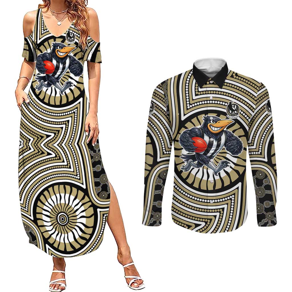 Collingwood Football Club Couples Matching Summer Maxi Dress and Long Sleeve Button Shirt Indigenous Monochrome Dot Art Mascot Style