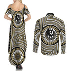 Collingwood Football Club Couples Matching Summer Maxi Dress and Long Sleeve Button Shirt Indigenous Monochrome Dot Art Mascot Style