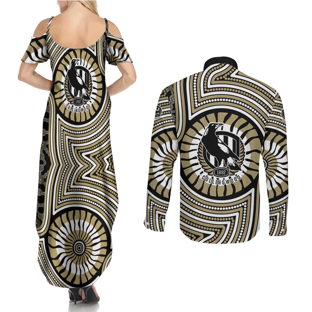 Collingwood Football Club Couples Matching Summer Maxi Dress and Long Sleeve Button Shirt Indigenous Monochrome Dot Art Mascot Style