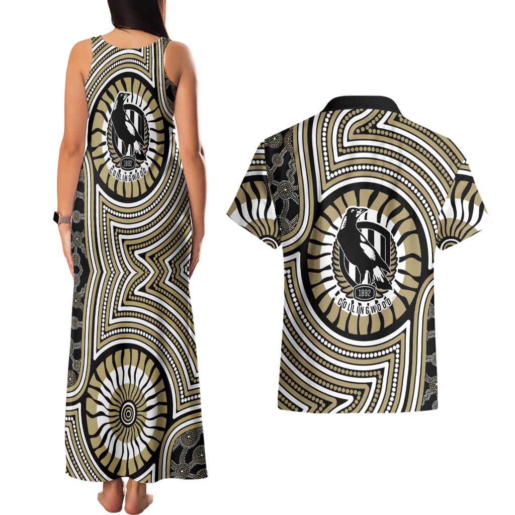 Collingwood Football Club Couples Matching Tank Maxi Dress and Hawaiian Shirt Indigenous Monochrome Dot Art Mascot Style