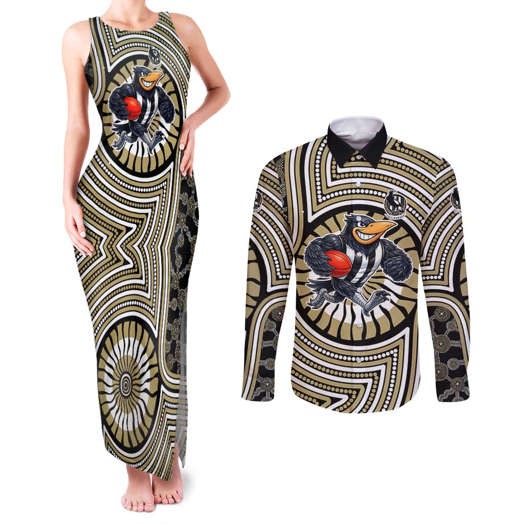 Collingwood Football Club Couples Matching Tank Maxi Dress and Long Sleeve Button Shirt Indigenous Monochrome Dot Art Mascot Style