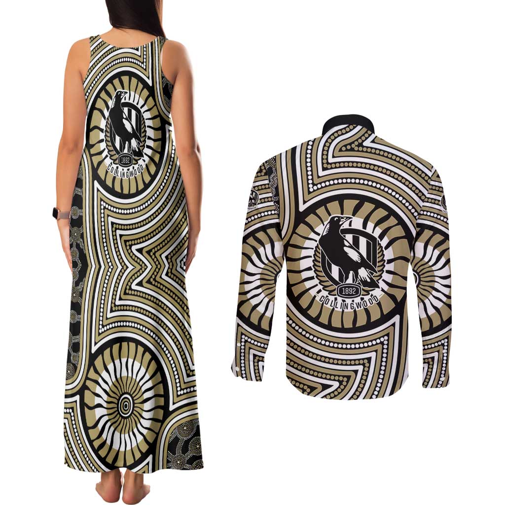 Collingwood Football Club Couples Matching Tank Maxi Dress and Long Sleeve Button Shirt Indigenous Monochrome Dot Art Mascot Style