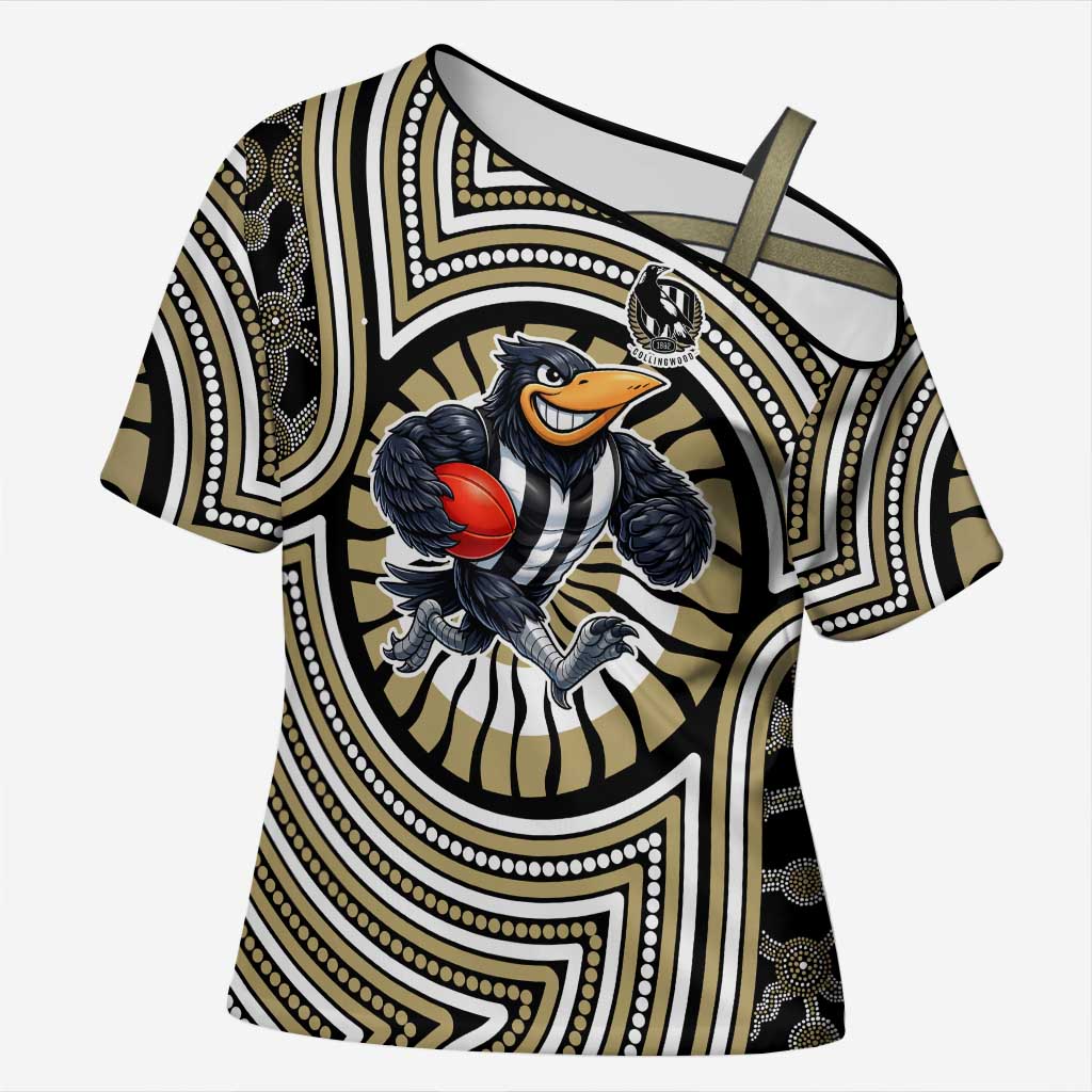 Collingwood Football Club Cross Shoulder Shirt Indigenous Monochrome Dot Art Mascot Style