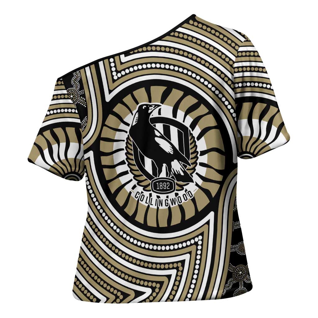 Collingwood Football Club Cross Shoulder Shirt Indigenous Monochrome Dot Art Mascot Style