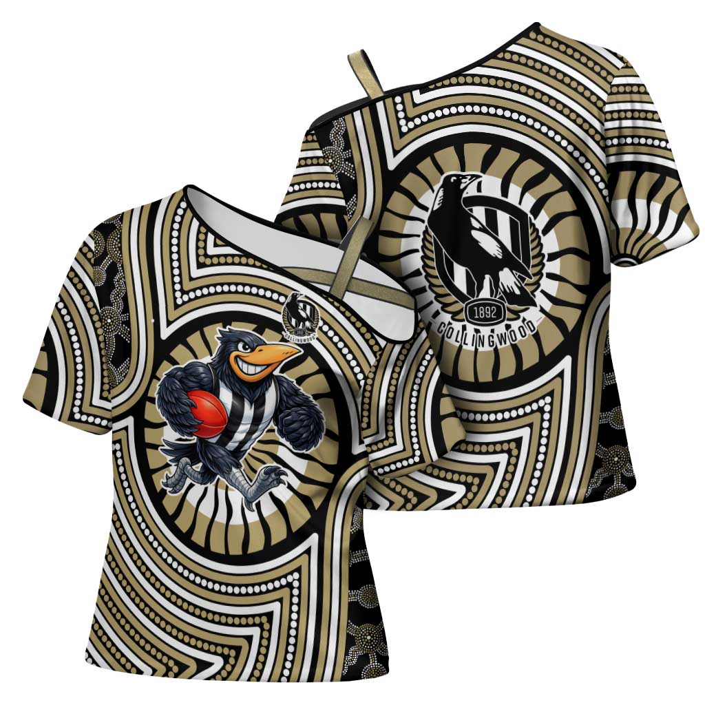 Collingwood Football Club Cross Shoulder Shirt Indigenous Monochrome Dot Art Mascot Style