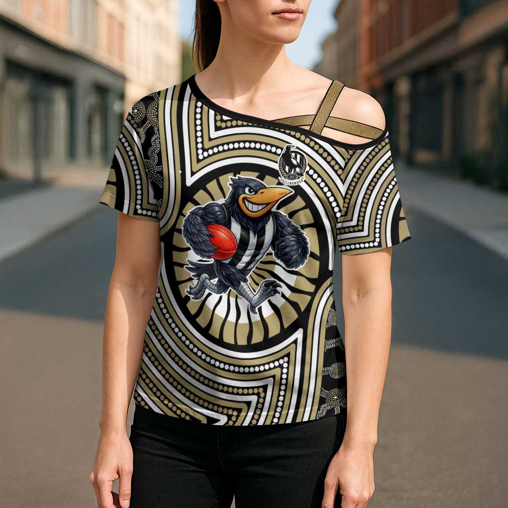 Collingwood Football Club Cross Shoulder Shirt Indigenous Monochrome Dot Art Mascot Style