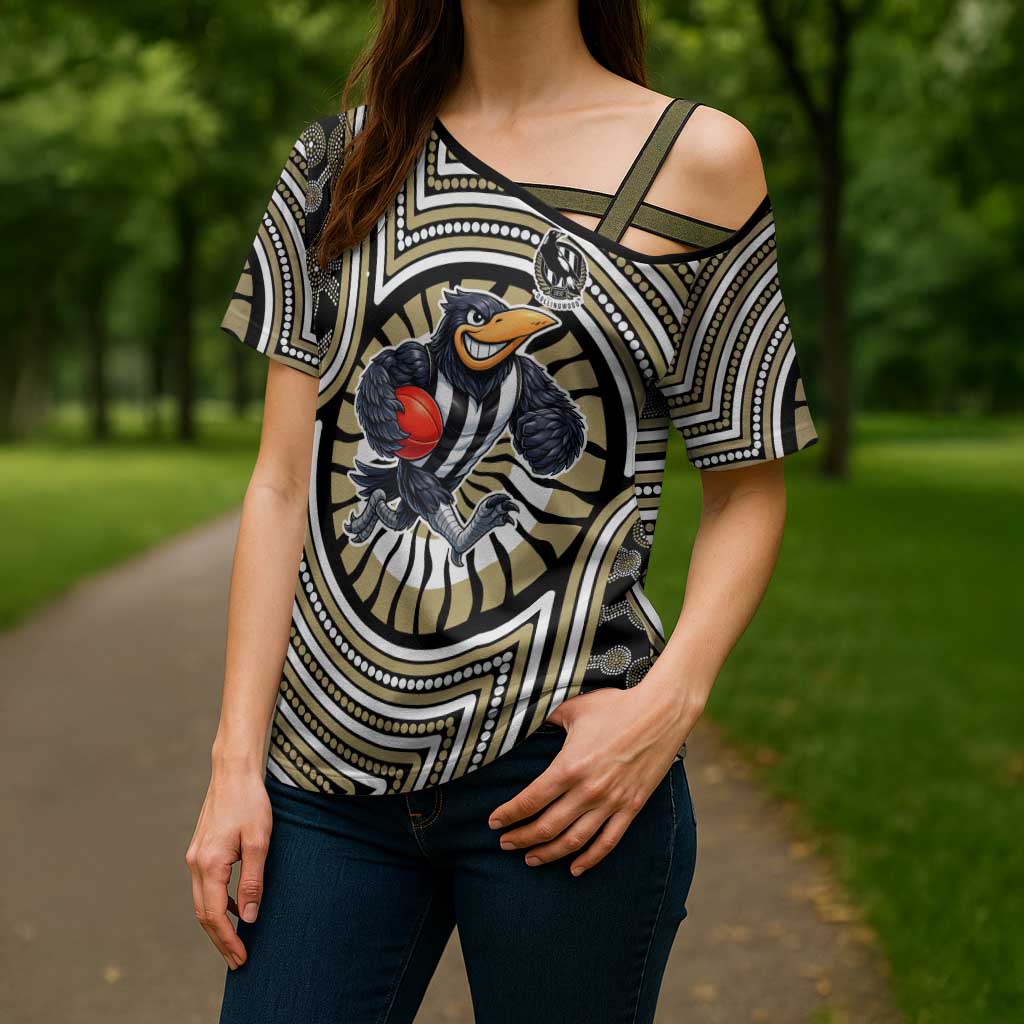 Collingwood Football Club Cross Shoulder Shirt Indigenous Monochrome Dot Art Mascot Style