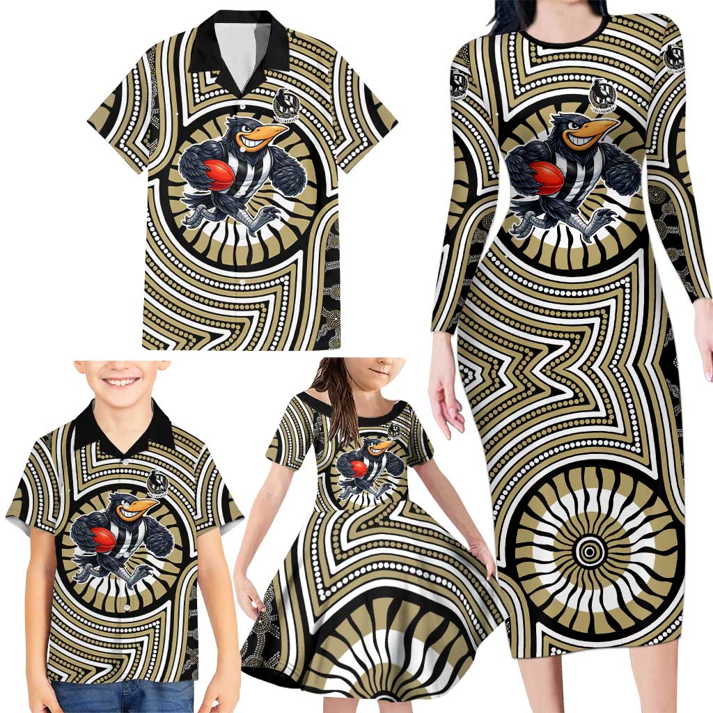 Collingwood Football Club Family Matching Long Sleeve Bodycon Dress and Hawaiian Shirt Indigenous Monochrome Dot Art Mascot Style