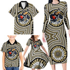 Collingwood Football Club Family Matching Long Sleeve Bodycon Dress and Hawaiian Shirt Indigenous Monochrome Dot Art Mascot Style