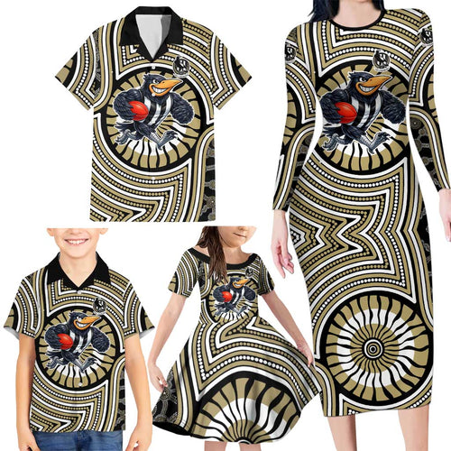 Collingwood Football Club Family Matching Long Sleeve Bodycon Dress and Hawaiian Shirt Indigenous Monochrome Dot Art Mascot Style