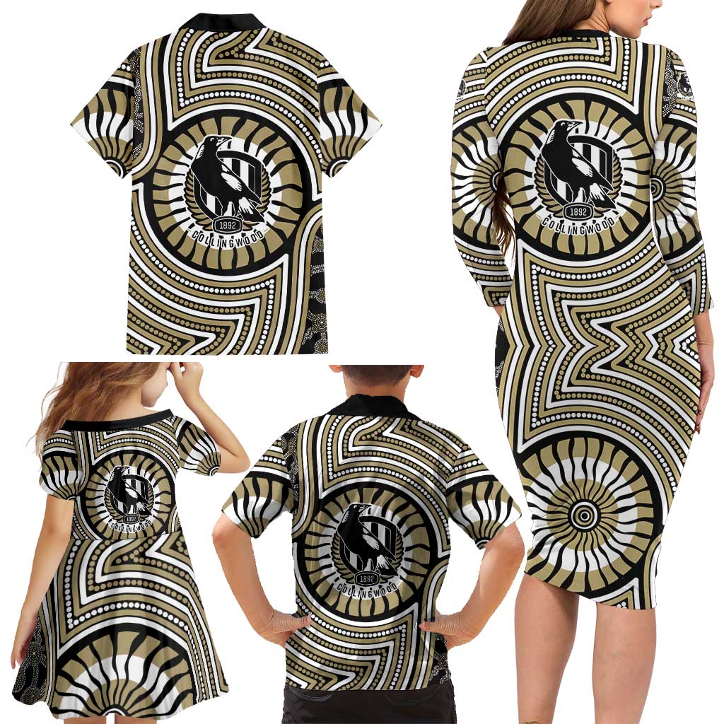 Collingwood Football Club Family Matching Long Sleeve Bodycon Dress and Hawaiian Shirt Indigenous Monochrome Dot Art Mascot Style