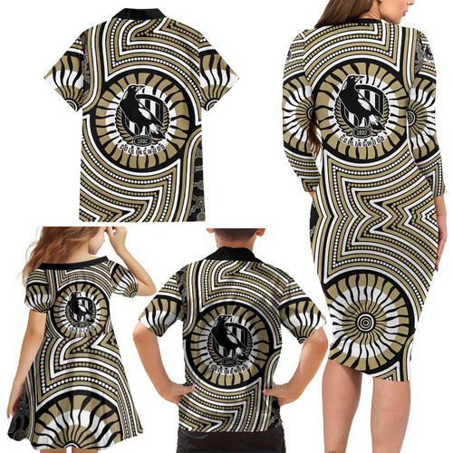 Collingwood Football Club Family Matching Long Sleeve Bodycon Dress and Hawaiian Shirt Indigenous Monochrome Dot Art Mascot Style
