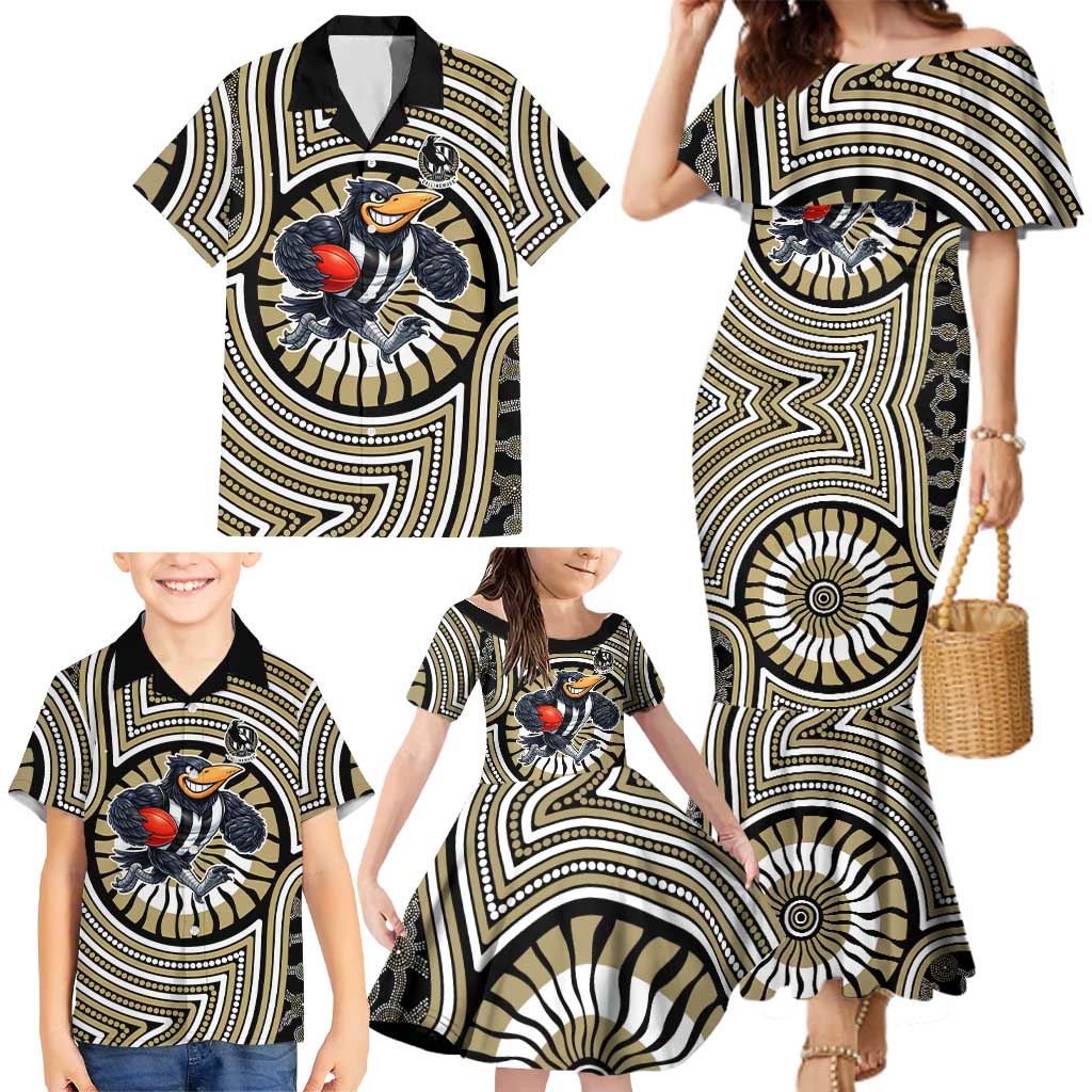 Collingwood Football Club Family Matching Mermaid Dress and Hawaiian Shirt Indigenous Monochrome Dot Art Mascot Style