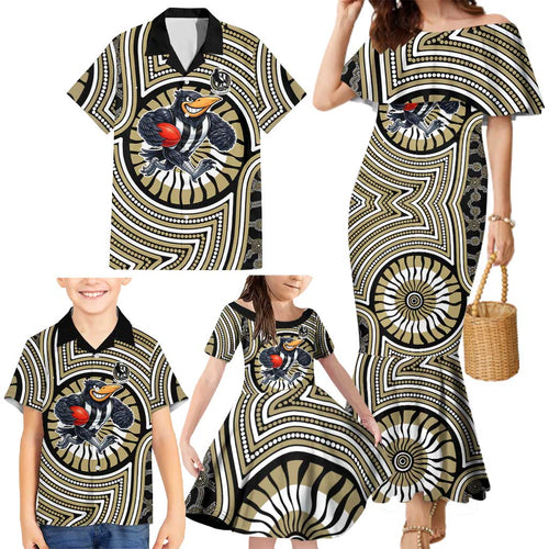 Collingwood Football Club Family Matching Mermaid Dress and Hawaiian Shirt Indigenous Monochrome Dot Art Mascot Style