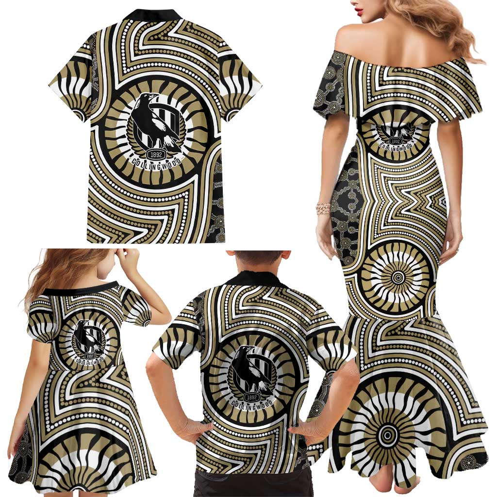 Collingwood Football Club Family Matching Mermaid Dress and Hawaiian Shirt Indigenous Monochrome Dot Art Mascot Style