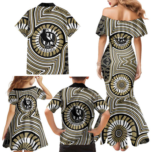 Collingwood Football Club Family Matching Mermaid Dress and Hawaiian Shirt Indigenous Monochrome Dot Art Mascot Style
