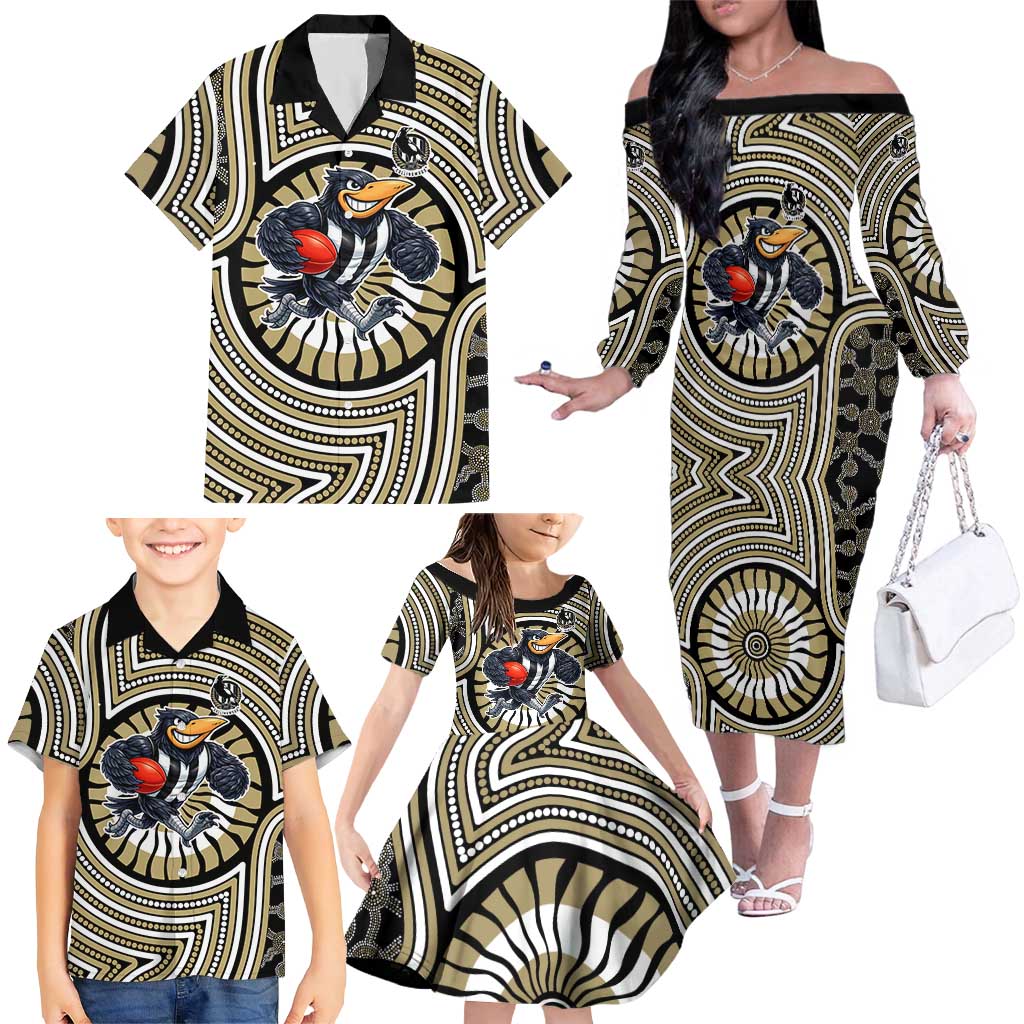 Collingwood Football Club Family Matching Off The Shoulder Long Sleeve Dress and Hawaiian Shirt Indigenous Monochrome Dot Art Mascot Style