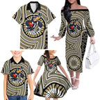 Collingwood Football Club Family Matching Off The Shoulder Long Sleeve Dress and Hawaiian Shirt Indigenous Monochrome Dot Art Mascot Style