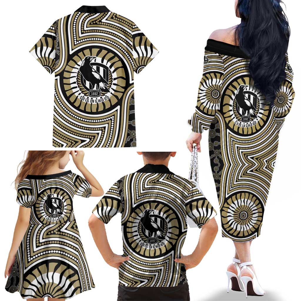 Collingwood Football Club Family Matching Off The Shoulder Long Sleeve Dress and Hawaiian Shirt Indigenous Monochrome Dot Art Mascot Style