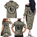 Collingwood Football Club Family Matching Off The Shoulder Long Sleeve Dress and Hawaiian Shirt Indigenous Monochrome Dot Art Mascot Style
