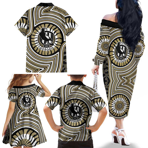 Collingwood Football Club Family Matching Off The Shoulder Long Sleeve Dress and Hawaiian Shirt Indigenous Monochrome Dot Art Mascot Style