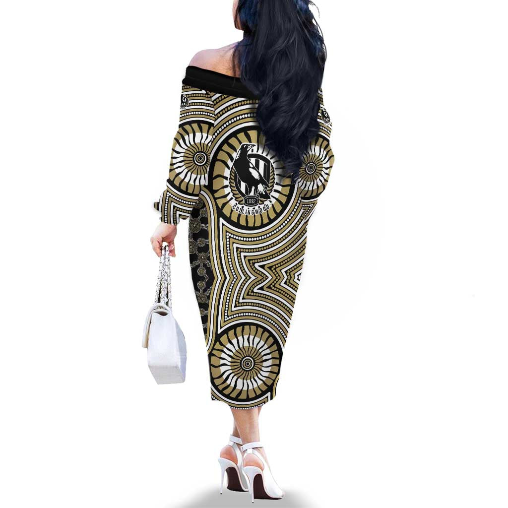 Collingwood Football Club Family Matching Off The Shoulder Long Sleeve Dress and Hawaiian Shirt Indigenous Monochrome Dot Art Mascot Style