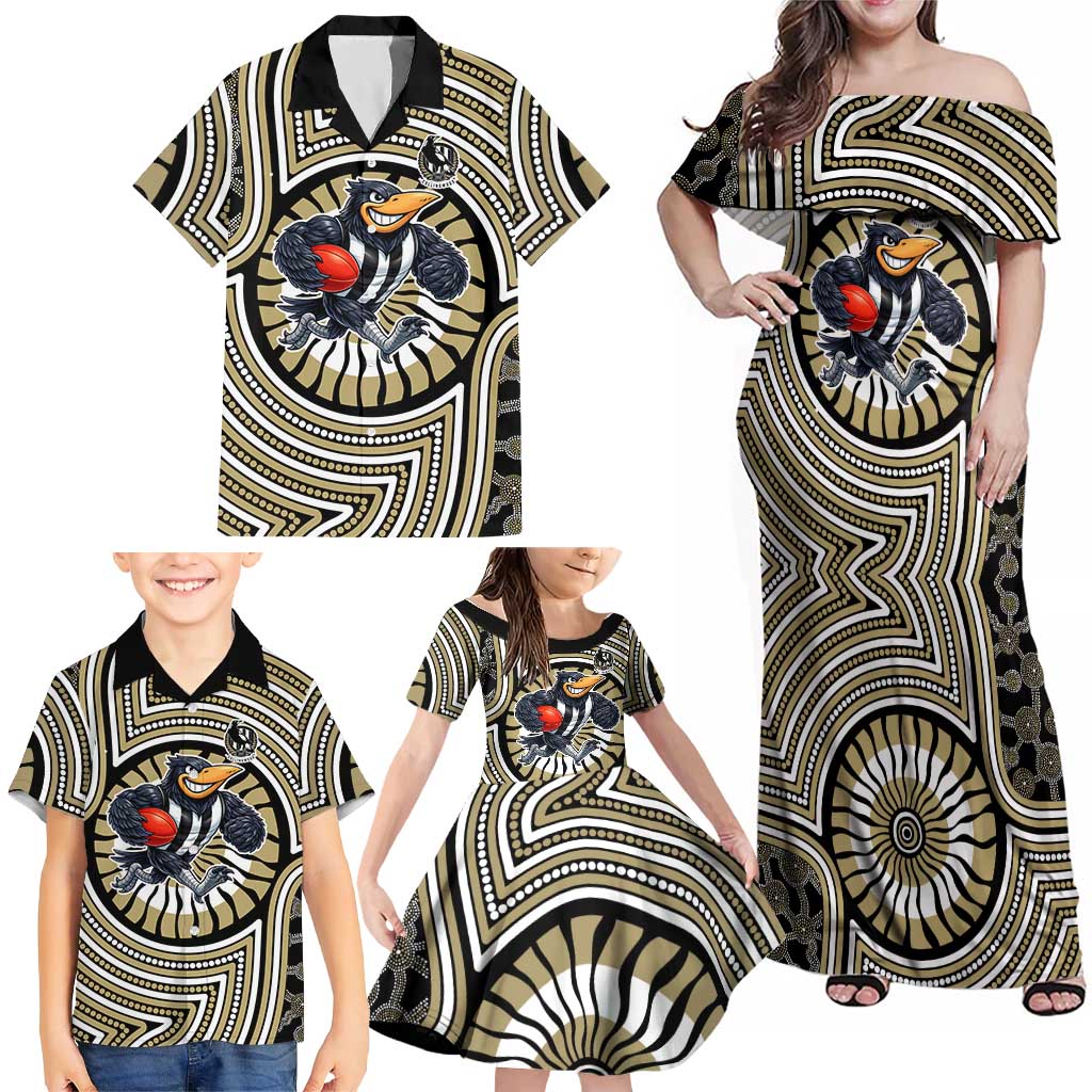 Collingwood Football Club Family Matching Off Shoulder Maxi Dress and Hawaiian Shirt Indigenous Monochrome Dot Art Mascot Style