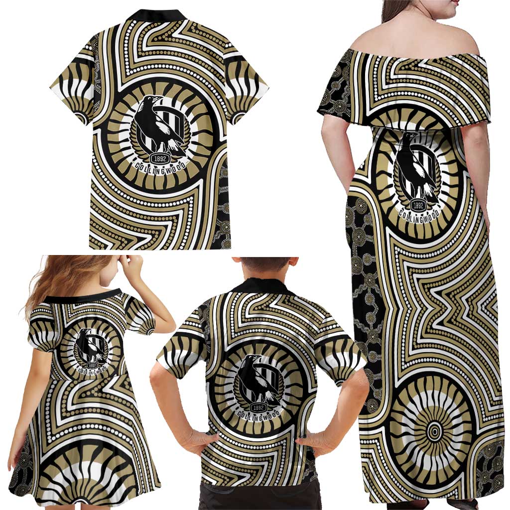Collingwood Football Club Family Matching Off Shoulder Maxi Dress and Hawaiian Shirt Indigenous Monochrome Dot Art Mascot Style