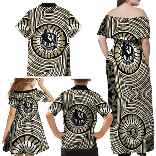 Collingwood Football Club Family Matching Off Shoulder Maxi Dress and Hawaiian Shirt Indigenous Monochrome Dot Art Mascot Style