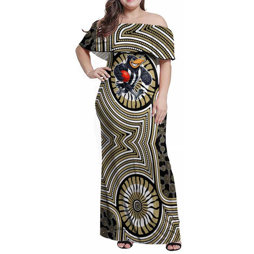 Collingwood Football Club Family Matching Off Shoulder Maxi Dress and Hawaiian Shirt Indigenous Monochrome Dot Art Mascot Style