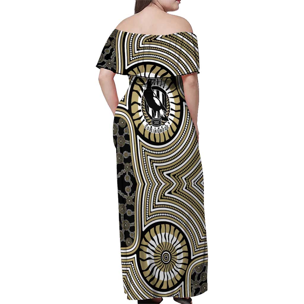 Collingwood Football Club Family Matching Off Shoulder Maxi Dress and Hawaiian Shirt Indigenous Monochrome Dot Art Mascot Style