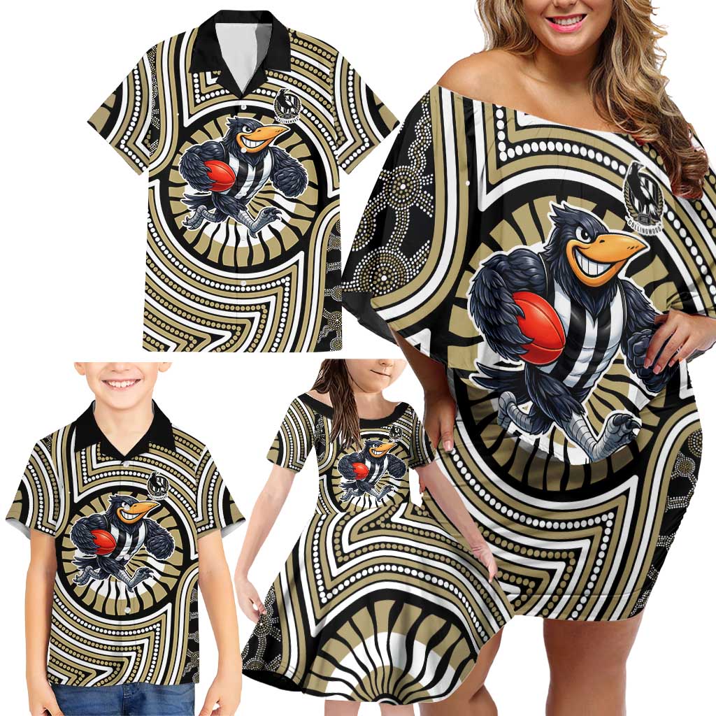 Collingwood Football Club Family Matching Off Shoulder Short Dress and Hawaiian Shirt Indigenous Monochrome Dot Art Mascot Style