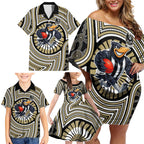 Collingwood Football Club Family Matching Off Shoulder Short Dress and Hawaiian Shirt Indigenous Monochrome Dot Art Mascot Style