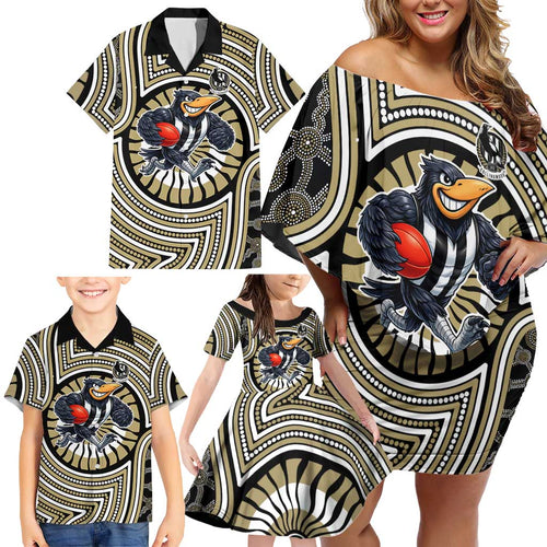 Collingwood Football Club Family Matching Off Shoulder Short Dress and Hawaiian Shirt Indigenous Monochrome Dot Art Mascot Style