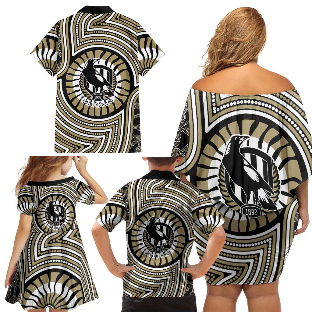 Collingwood Football Club Family Matching Off Shoulder Short Dress and Hawaiian Shirt Indigenous Monochrome Dot Art Mascot Style
