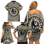 Collingwood Football Club Family Matching Off Shoulder Short Dress and Hawaiian Shirt Indigenous Monochrome Dot Art Mascot Style