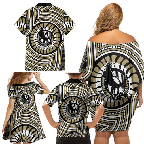 Collingwood Football Club Family Matching Off Shoulder Short Dress and Hawaiian Shirt Indigenous Monochrome Dot Art Mascot Style