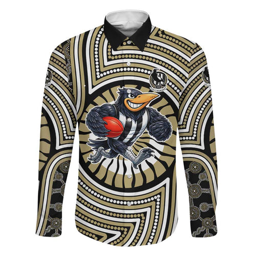 Collingwood Football Club Family Matching Off Shoulder Short Dress and Hawaiian Shirt Indigenous Monochrome Dot Art Mascot Style