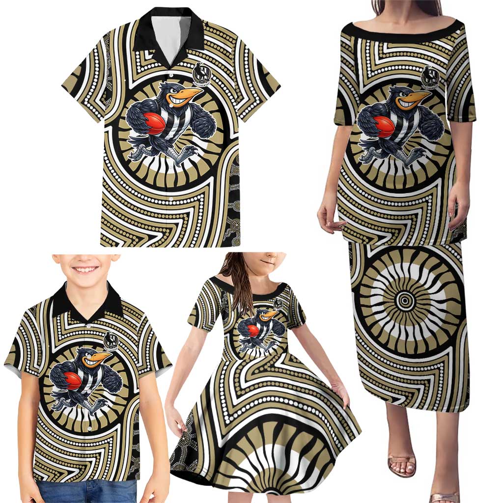 Collingwood Football Club Family Matching Puletasi and Hawaiian Shirt Indigenous Monochrome Dot Art Mascot Style