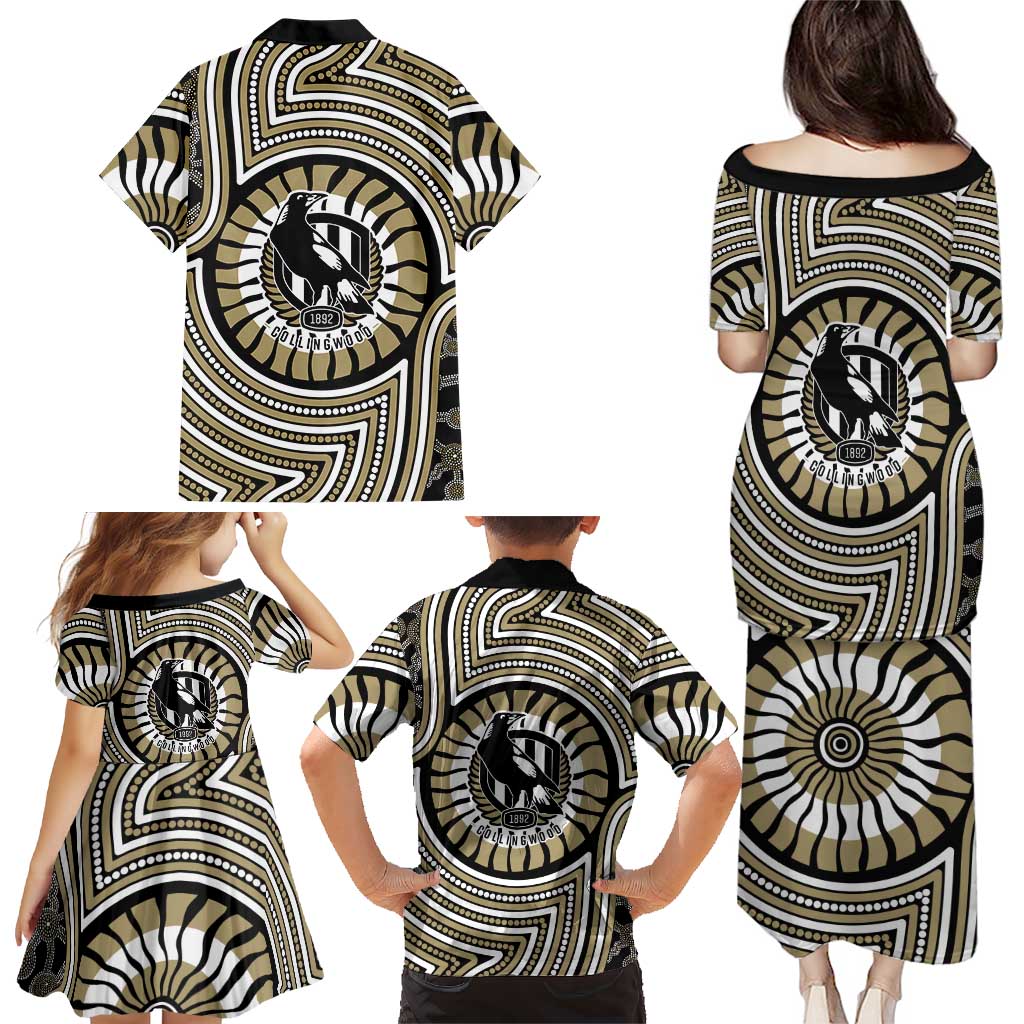 Collingwood Football Club Family Matching Puletasi and Hawaiian Shirt Indigenous Monochrome Dot Art Mascot Style