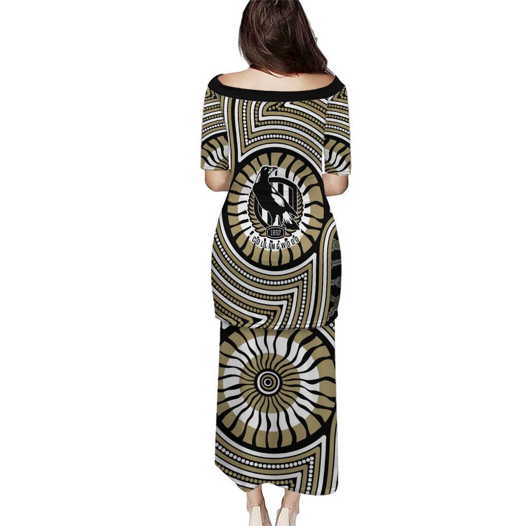 Collingwood Football Club Family Matching Puletasi and Hawaiian Shirt Indigenous Monochrome Dot Art Mascot Style