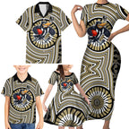 Collingwood Football Club Family Matching Short Sleeve Bodycon Dress and Hawaiian Shirt Indigenous Monochrome Dot Art Mascot Style