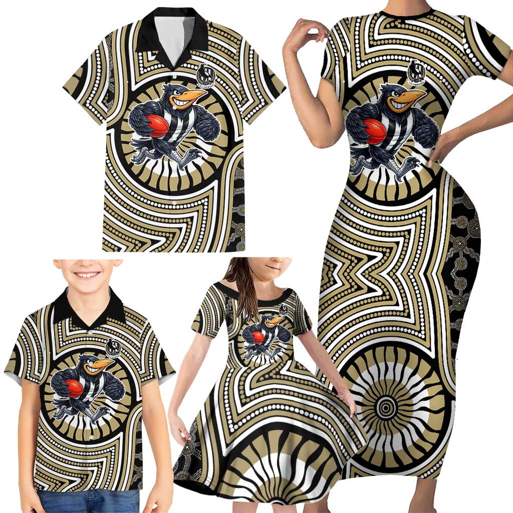 Collingwood Football Club Family Matching Short Sleeve Bodycon Dress and Hawaiian Shirt Indigenous Monochrome Dot Art Mascot Style