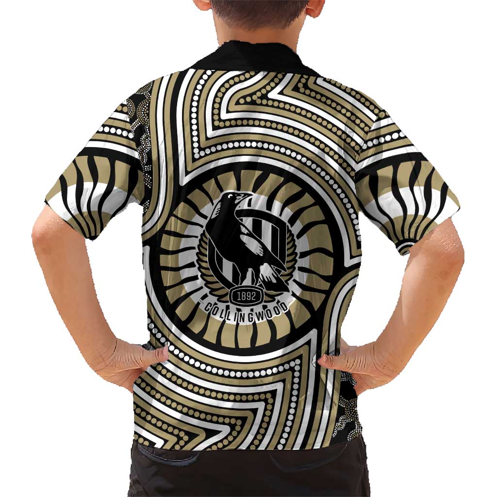 Collingwood Football Club Family Matching Short Sleeve Bodycon Dress and Hawaiian Shirt Indigenous Monochrome Dot Art Mascot Style