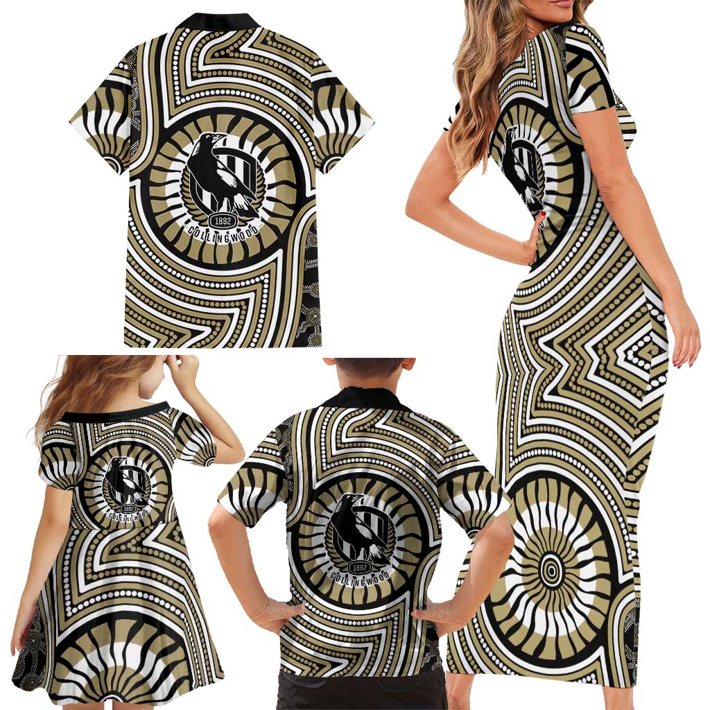 Collingwood Football Club Family Matching Short Sleeve Bodycon Dress and Hawaiian Shirt Indigenous Monochrome Dot Art Mascot Style
