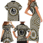 Collingwood Football Club Family Matching Short Sleeve Bodycon Dress and Hawaiian Shirt Indigenous Monochrome Dot Art Mascot Style